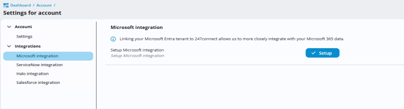 247connect Microsoft integration settings showing that Microsoft integration needs to be setup and buttons for Setup.